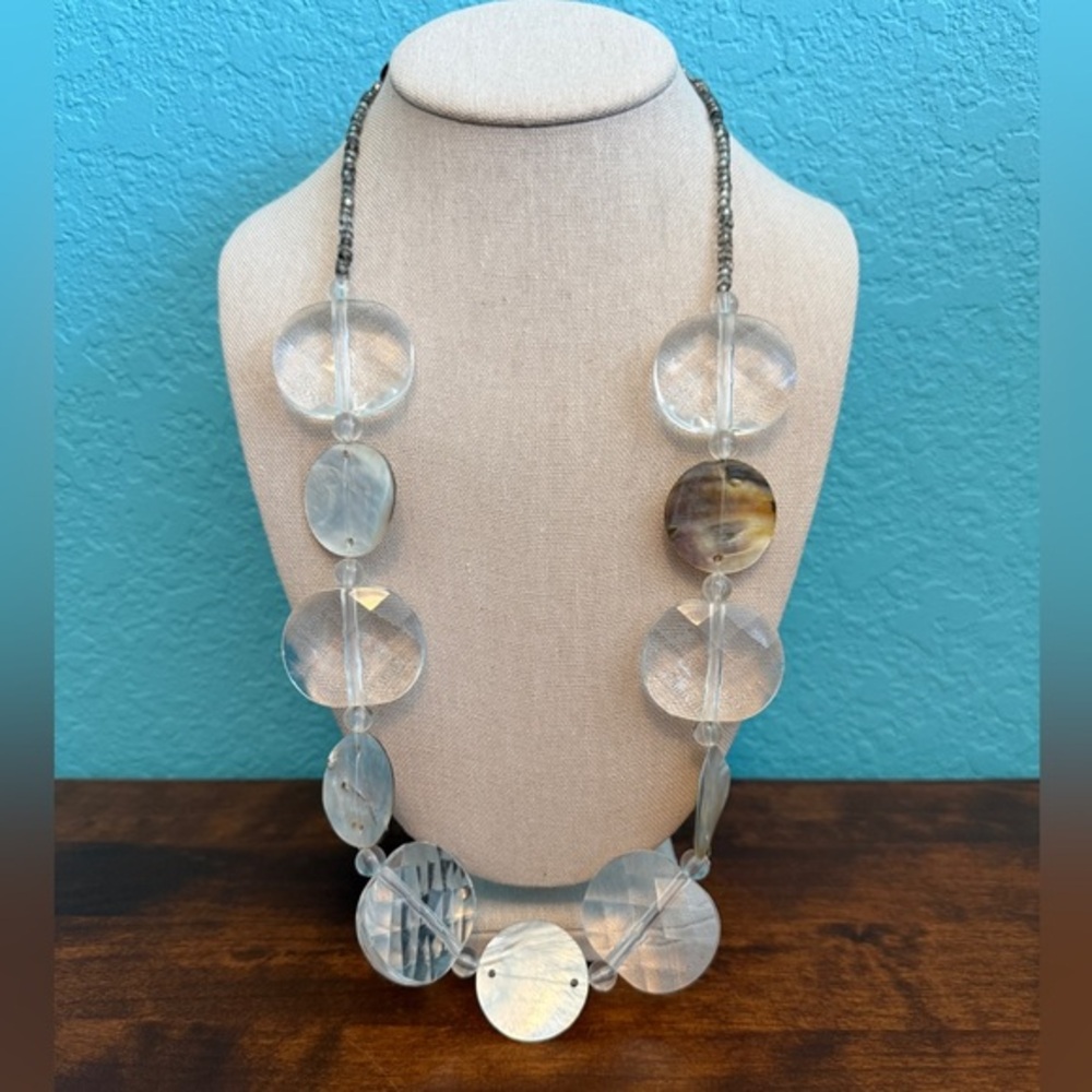 Chico’s Clear Beaded Statement Necklace Mother of Pearl Disc Long Necklace